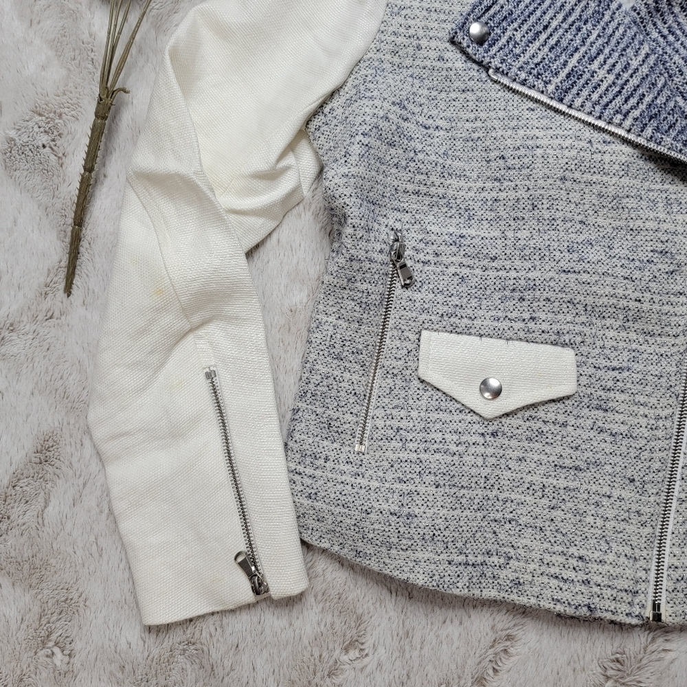 Sandro Paris‎ Vernis Tweed Moto Jacket Blue White Gray Size 38 - Picture 7 of 14